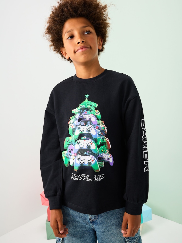 Black Heavyweight Controller Christmas Long Sleeve T-Shirt (3-16yrs) - Image 1 of 3