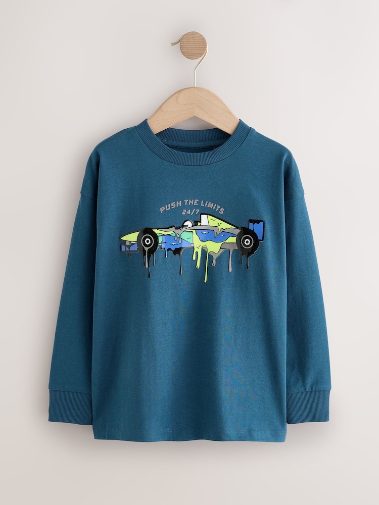 Navy Blue Racing Car Relaxed Fit Graphic Print Long Sleeve Cotton T-Shirt (3-16yrs) - Image 1 of 4