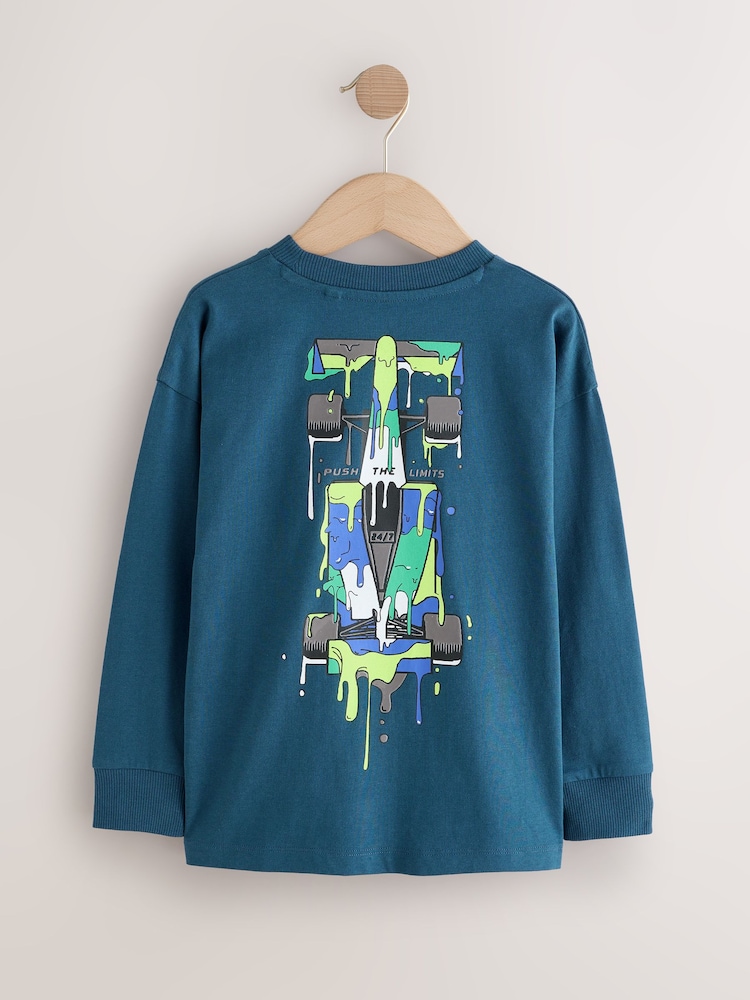 Navy Blue Racing Car Relaxed Fit Graphic Print Long Sleeve Cotton T-Shirt (3-16yrs) - Image 2 of 4