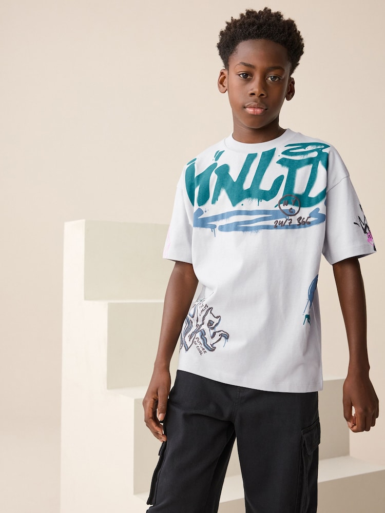 Grey Graffiti Relaxed Fit Short Sleeve Graphic Print T-Shirt (3-16yrs) - Image 1 of 9
