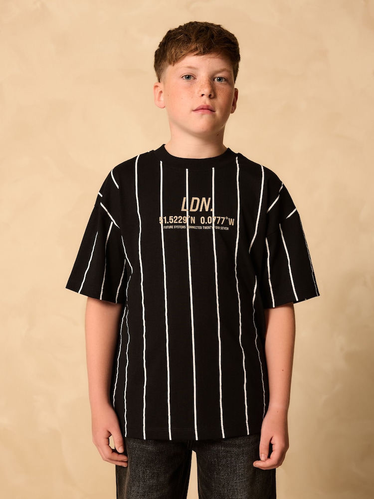 Black/White Stripe Relaxed Fit Short Sleeve Graphic Print T-Shirt (3-16yrs) - Image 1 of 8