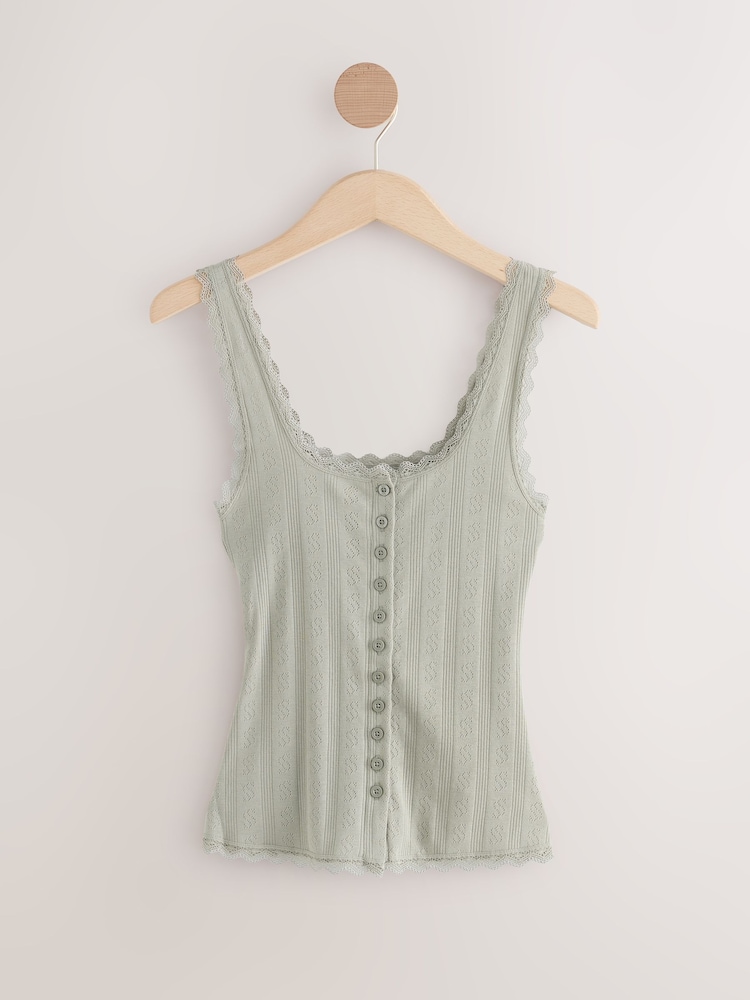 self. Khaki Green Pointelle Vest - Image 1 of 4