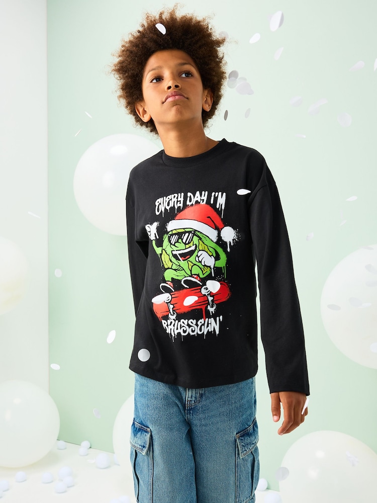 Black Graffiti Brussel Christmas Long Sleeve T-Shirt (3-16yrs) - Image 1 of 7