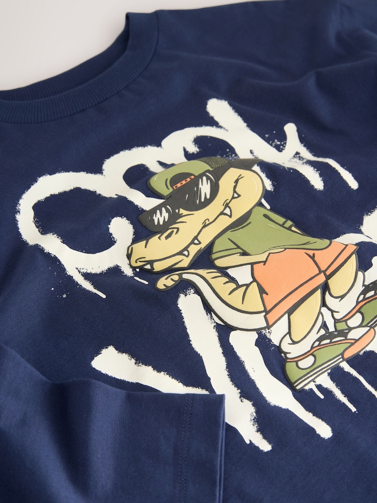 Navy Blue Crocodile Relaxed Fit Graphic Print Long Sleeve Cotton T-Shirt (3-16yrs) - Image 1 of 4