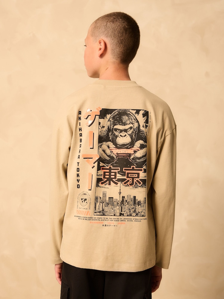 Stone Gorilla Gamer Relaxed Fit Graphic Print Long Sleeve Cotton T-Shirt (3-16yrs) - Image 1 of 8 Stone Gorilla Gamer Relaxed Fit Graphic Print Long Sleeve Cotton T-Shirt (3-16yrs) - Image 1 of 8