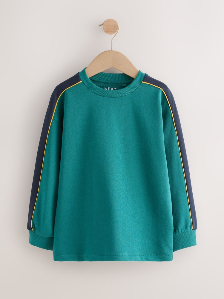 Green/Black Relaxed Fit Heavyweight Long Sleeve Colourblock T-Shirt (3-16yrs) - Image 1 of 4