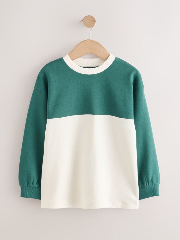 Green/Ecru Relaxed Fit Heavyweight Long Sleeve Colourblock T-Shirt (3-16yrs) - Image 1 of 4