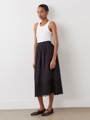 Finery Black Avah Broderie Anglaise Cotton Midi Skirt - Image 1 of 4