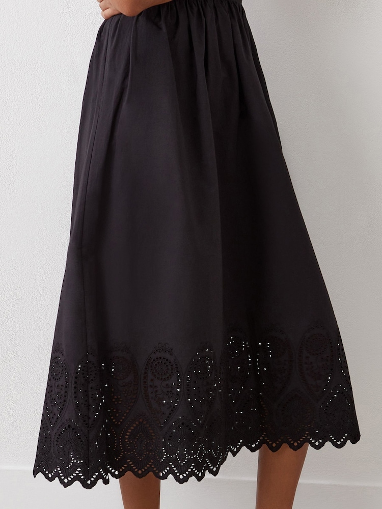 Finery Black Avah Broderie Anglaise Cotton Midi Skirt - Image 2 of 4
