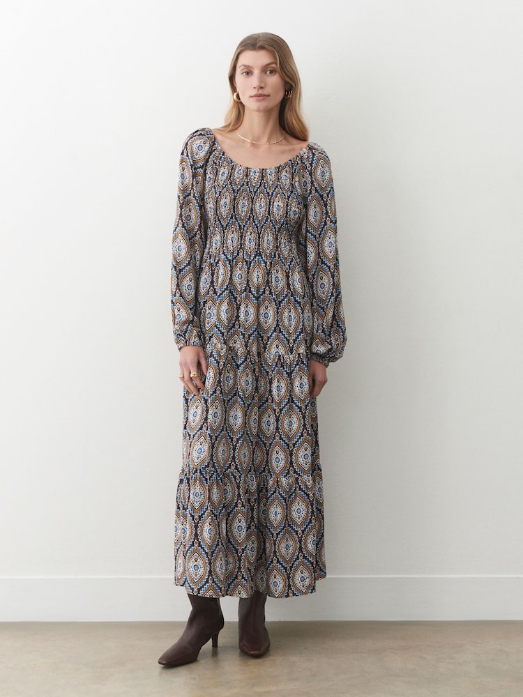 Finery Blue Tilly Crepe Printed Midi Smock Dress - Image 1 of 4
