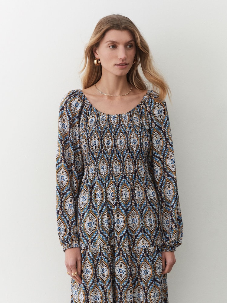 Finery Blue Tilly Crepe Printed Midi Smock Dress - Image 2 of 4