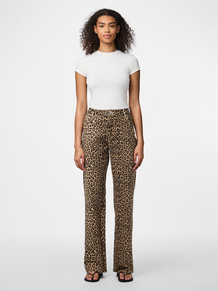 PIECES Brown Leopard Print Straight Leg Jeans - Image 1 of 7