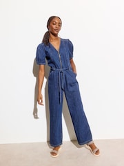 Oliver Bonas 100% Cotton Denim Zip Up V-Neck Jumpsuit - Image 1 of 2