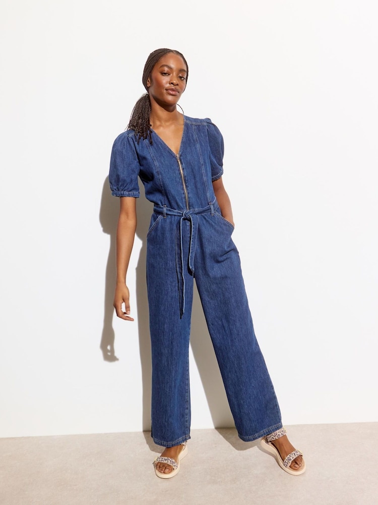 Oliver Bonas 100% Cotton Denim Zip Up V-Neck Jumpsuit - Image 1 of 2