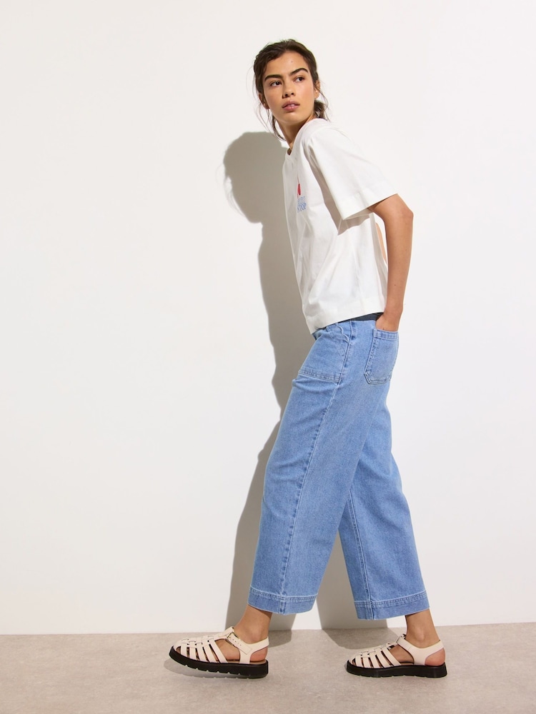Oliver Bonas Blue Denim Scallop Pocket Cropped Wide Leg Jeans - Image 3 of 8