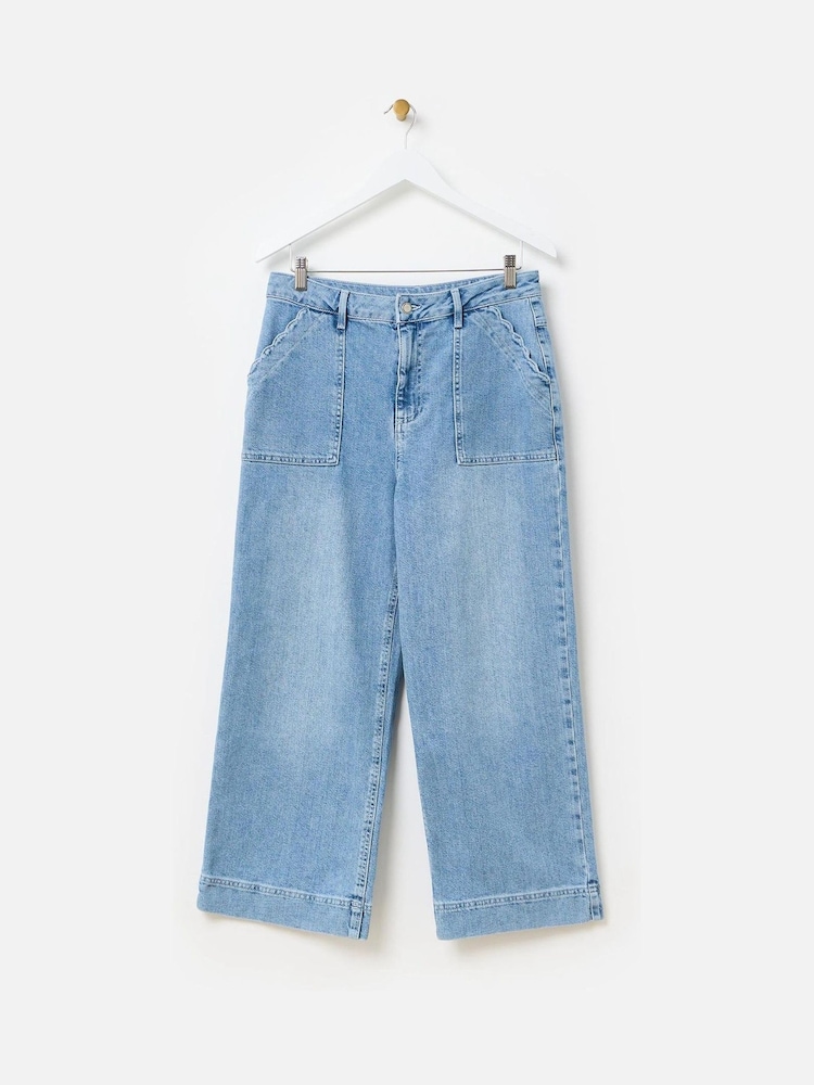 Oliver Bonas Blue Denim Scallop Pocket Cropped Wide Leg Jeans - Image 4 of 8