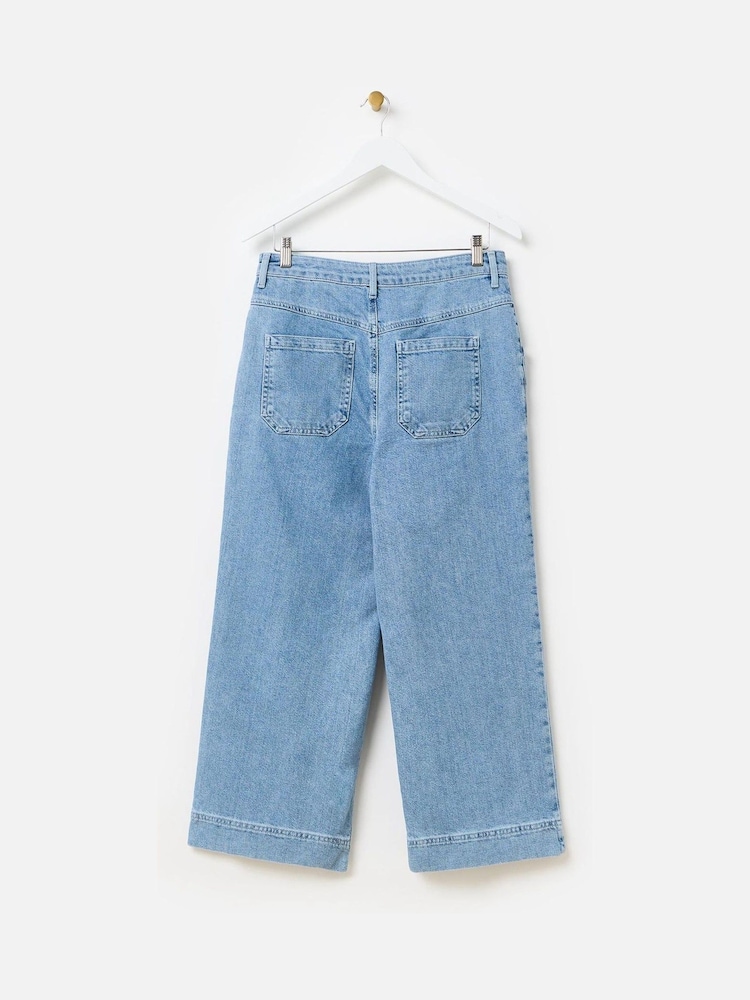 Oliver Bonas Blue Denim Scallop Pocket Cropped Wide Leg Jeans - Image 5 of 8