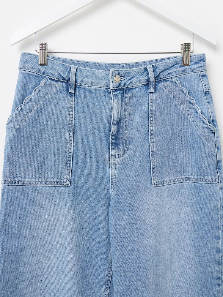Oliver Bonas Blue Denim Scallop Pocket Cropped Wide Leg Jeans - Image 6 of 8