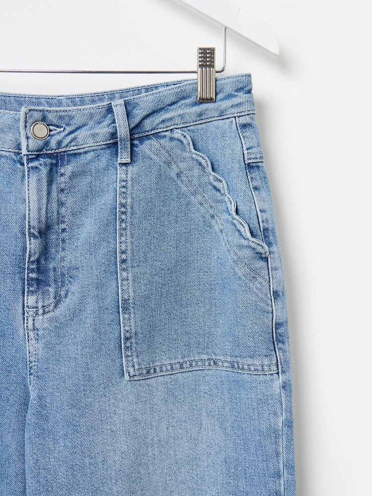 Oliver Bonas Blue Denim Scallop Pocket Cropped Wide Leg Jeans - Image 7 of 8