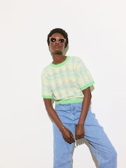 Oliver Bonas Green Sparkle Wavy Stripe Knitted Shell Top - Image 1 of 8