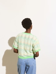Oliver Bonas Green Sparkle Wavy Stripe Knitted Shell Top - Image 2 of 8