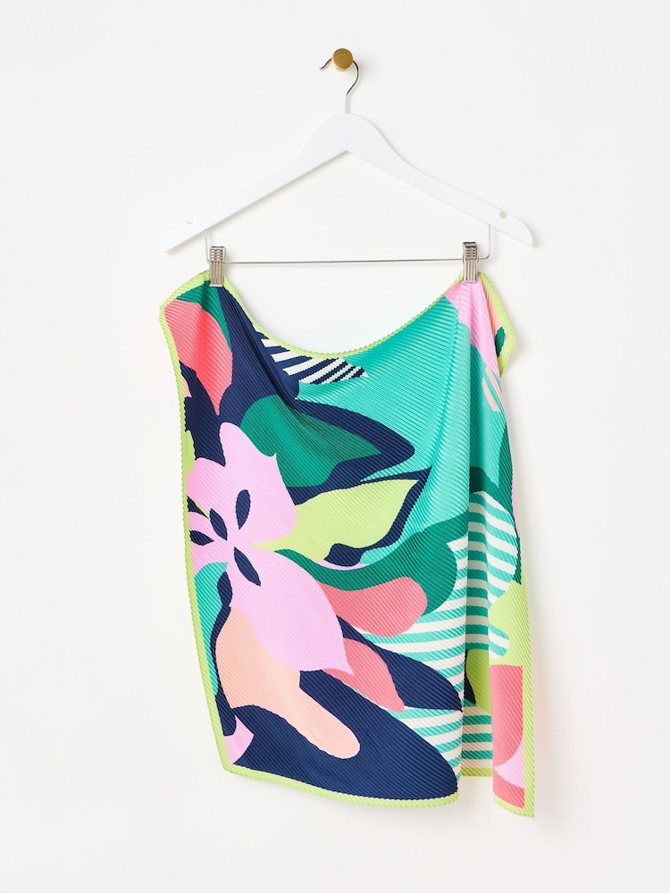 Oliver Bonas Green Bright Abstract Floral Print & Striped Pleated Square Scarf - Image 1 of 5 Oliver Bonas Green Bright Abstract Floral Print & Striped Pleated Square Scarf - Image 1 of 5