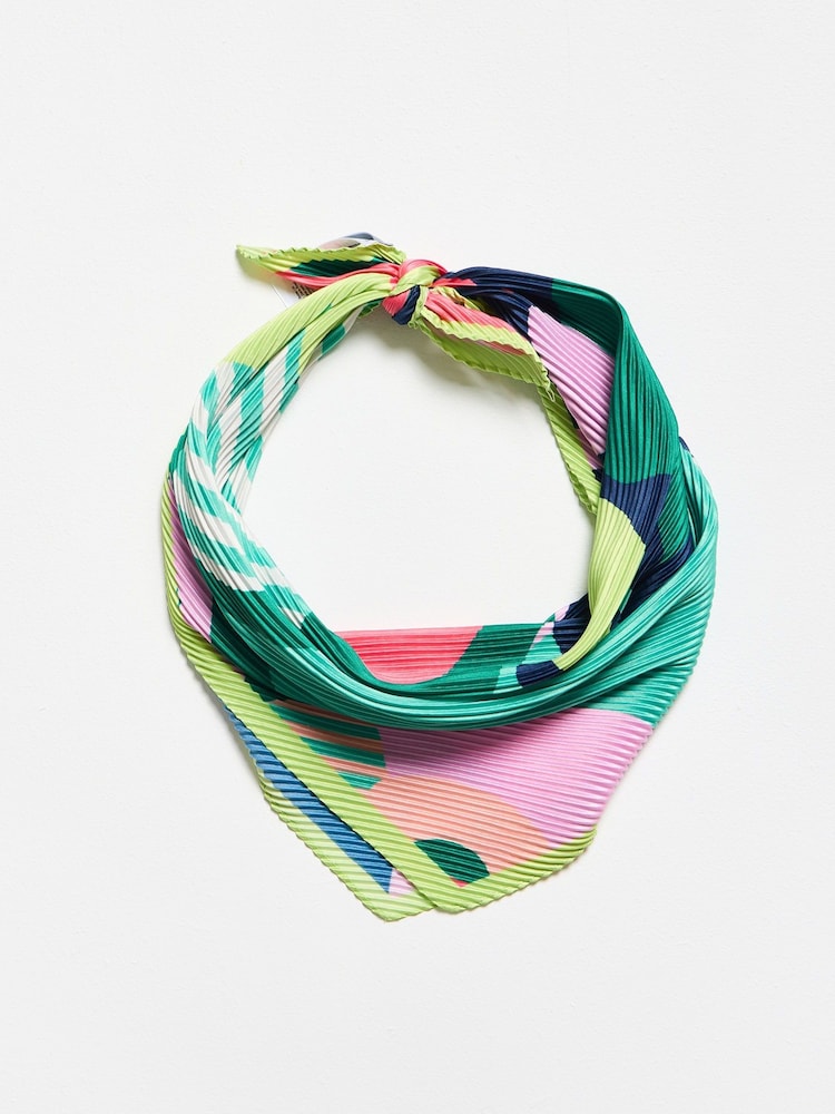 Oliver Bonas Green Bright Abstract Floral Print & Striped Pleated Square Scarf - Image 2 of 5 Oliver Bonas Green Bright Abstract Floral Print & Striped Pleated Square Scarf - Image 2 of 5