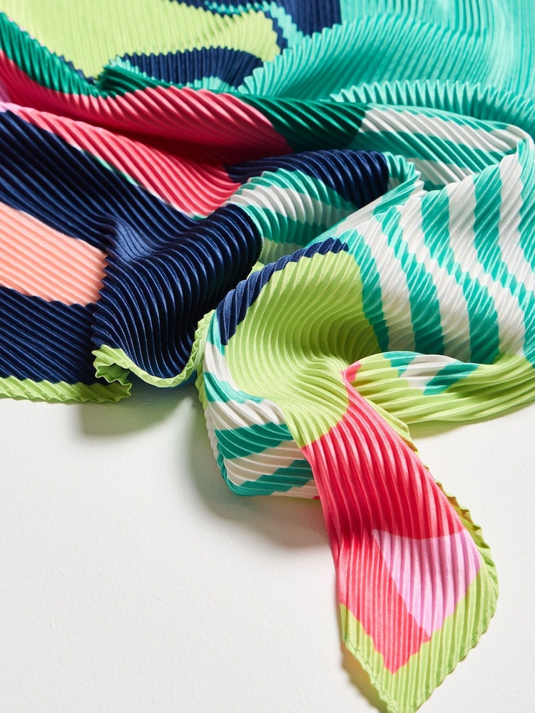 Oliver Bonas Green Bright Abstract Floral Print & Striped Pleated Square Scarf - Image 5 of 5 Oliver Bonas Green Bright Abstract Floral Print & Striped Pleated Square Scarf - Image 5 of 5