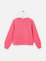 Oliver Bonas Pink 100% Cotton Square Broderie Sweatshirt - Image 1 of 5