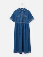 Oliver Bonas Blue Denim Collared Zip Up Midi Dress - Image 1 of 5