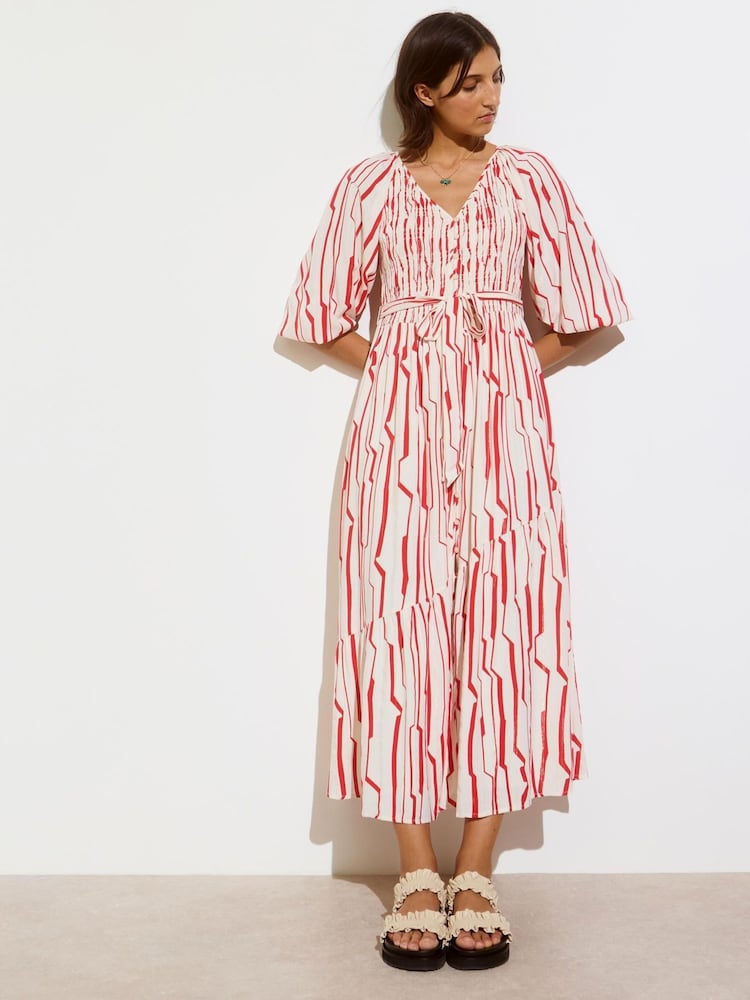 Oliver Bonas – Sicilian – gestreiftes Midikleid mit V-Ausschnitt und Rüschen - Bild 1 von 4 Oliver Bonas – Sicilian – gestreiftes Midikleid mit V-Ausschnitt und Rüschen - Bild 1 von 4