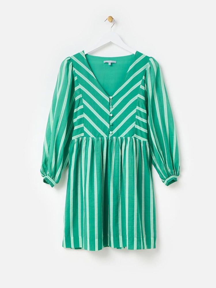 Oliver Bonas Green Striped V-Neck Mini Dress - Image 1 of 5 Oliver Bonas Green Striped V-Neck Mini Dress - Image 1 of 5