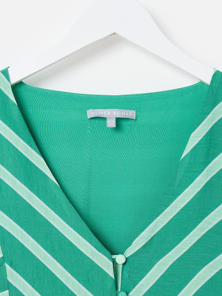 Oliver Bonas Green Striped V-Neck Mini Dress - Image 3 of 5