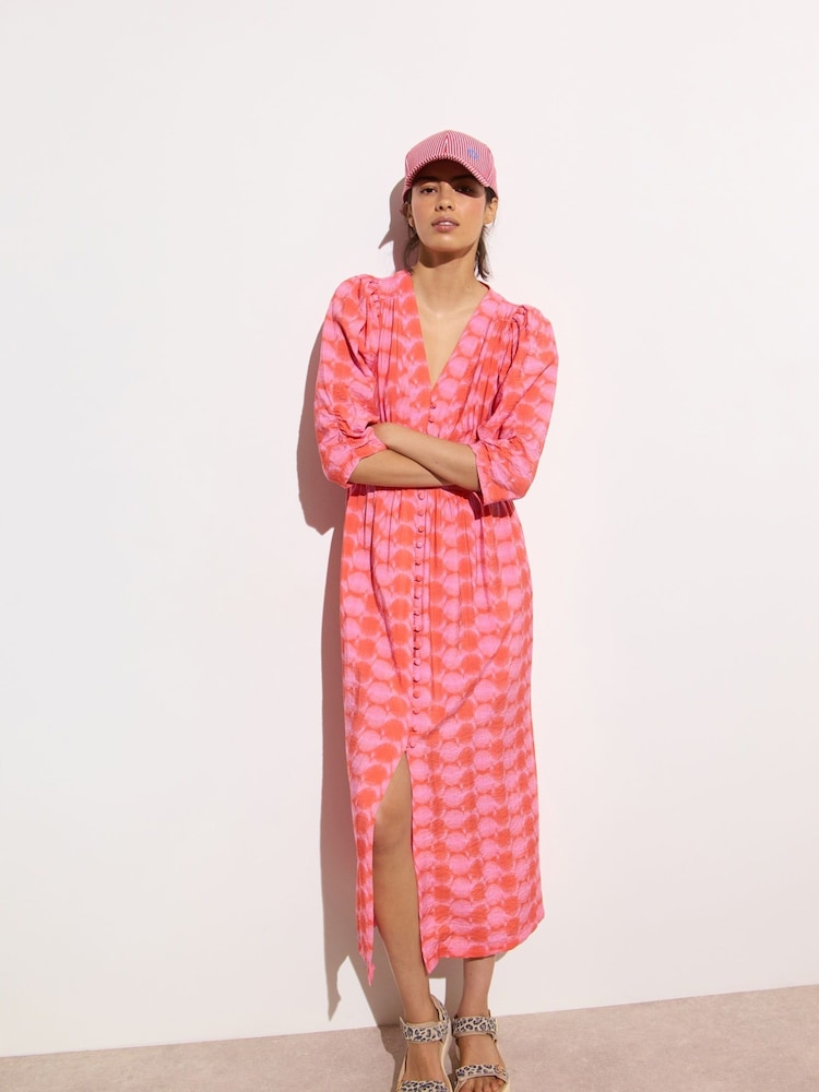 Oliver Bonas Pink Gingham V-Neck Midi Dress - Image 1 of 8