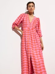 Oliver Bonas Pink Gingham V-Neck Midi Dress - Image 3 of 8