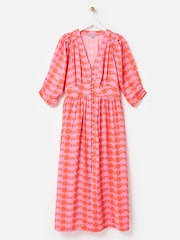 Oliver Bonas Pink Gingham V-Neck Midi Dress - Image 4 of 8