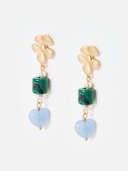 Oliver Bonas Green Analeigh Flower & Bead Drop Earrings - Image 2 of 3