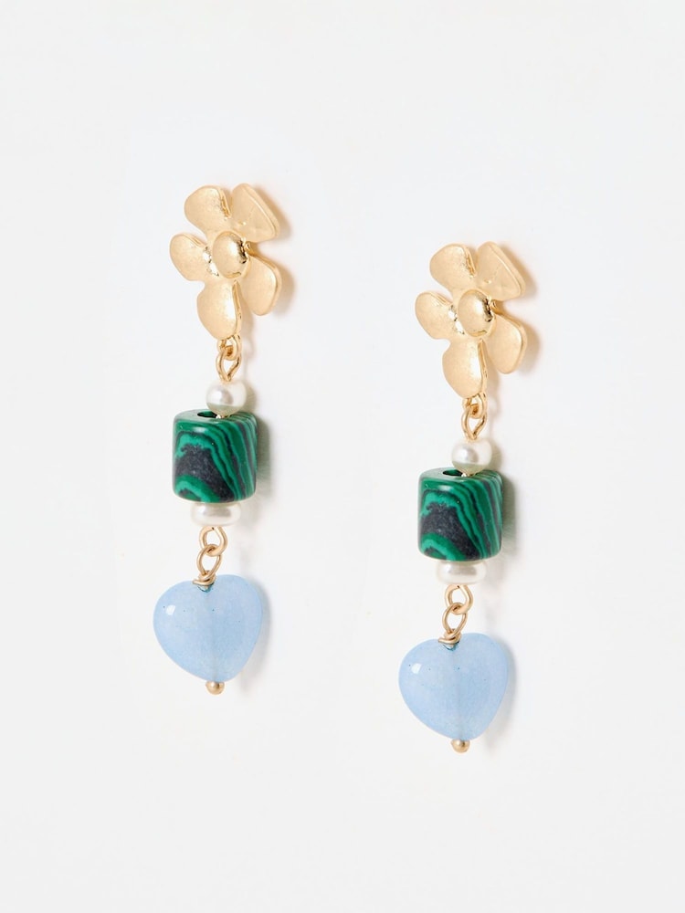 Oliver Bonas Green Analeigh Flower & Bead Drop Earrings - Image 2 of 3