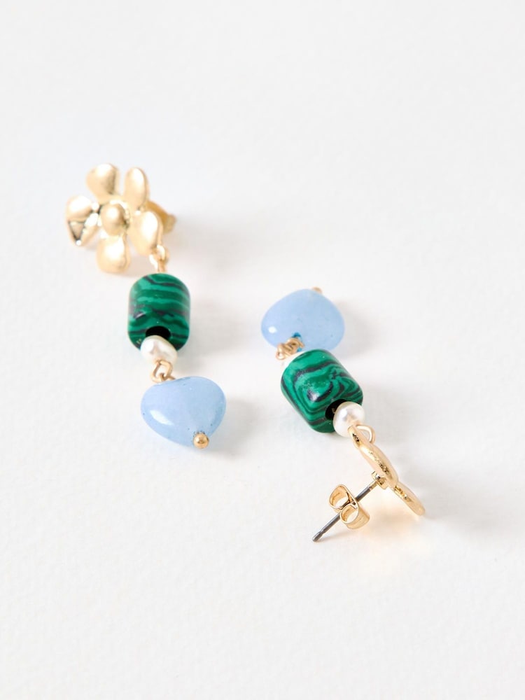 Oliver Bonas Green Analeigh Flower & Bead Drop Earrings - Image 3 of 3