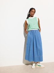 Oliver Bonas Blue Denim Elasticated Pleated Midi Skirt - Image 1 of 7