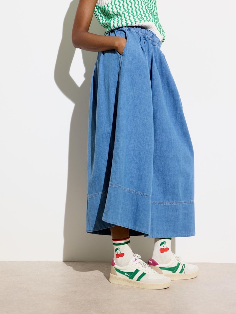 Oliver Bonas Blue Denim Elasticated Pleated Midi Skirt - Image 2 of 7