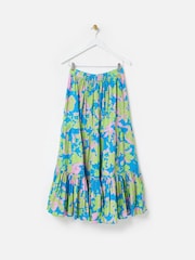Oliver Bonas Blue 100% Cotton Luminous Floral Tiered Midi Skirt - Image 2 of 5