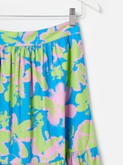 Oliver Bonas Blue 100% Cotton Luminous Floral Tiered Midi Skirt - Image 4 of 5