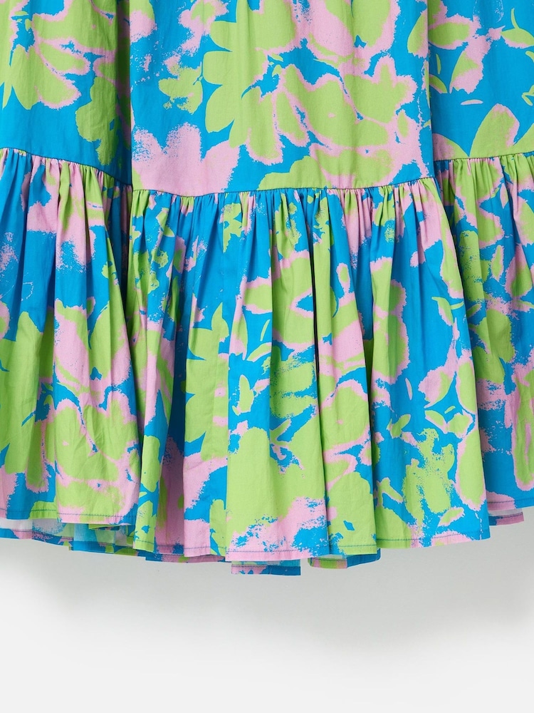 Oliver Bonas Blue 100% Cotton Luminous Floral Tiered Midi Skirt - Image 8 of 8