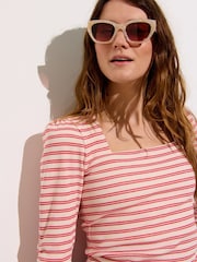 Oliver Bonas Red Striped Square Neck Ribbed Top - Image 2 of 8