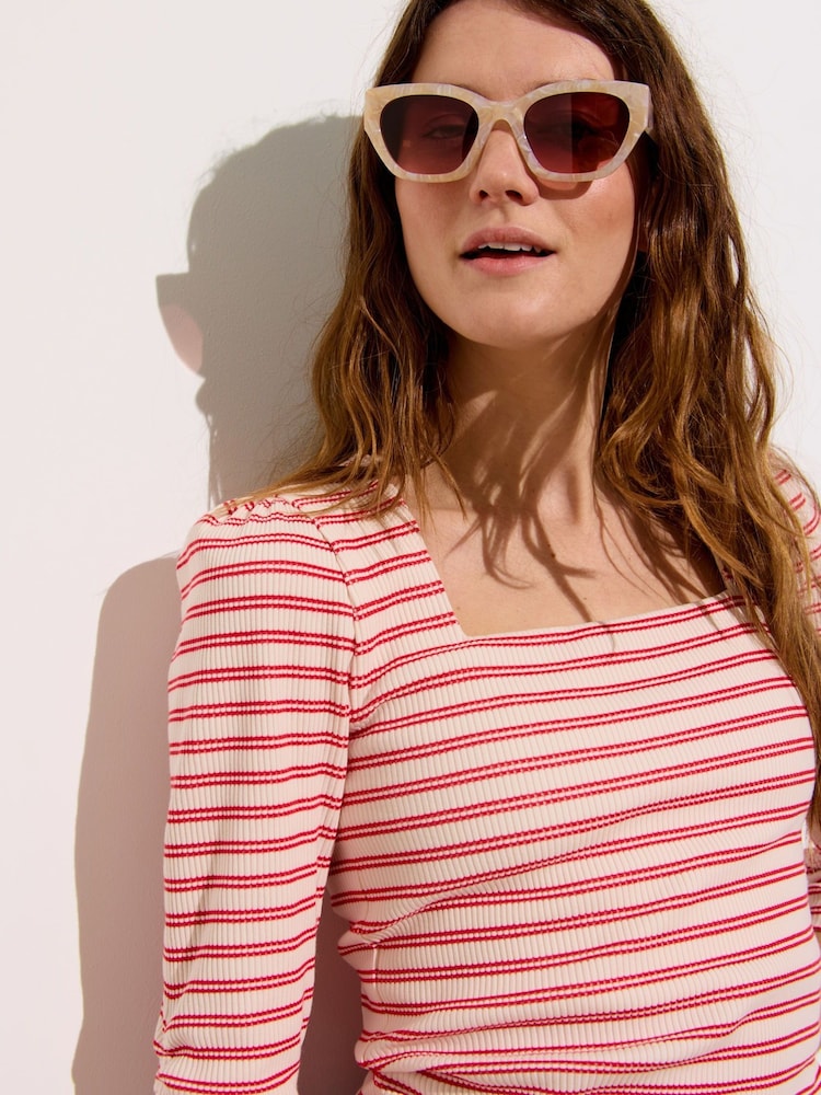 Oliver Bonas Red Striped Square Neck Ribbed Top - Image 2 of 8