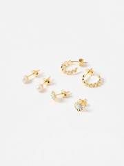 Oliver Bonas Gold Dervla Opalite Flower, Pearl & Hoops Gold Plated Earrings Set - Image 1 of 6