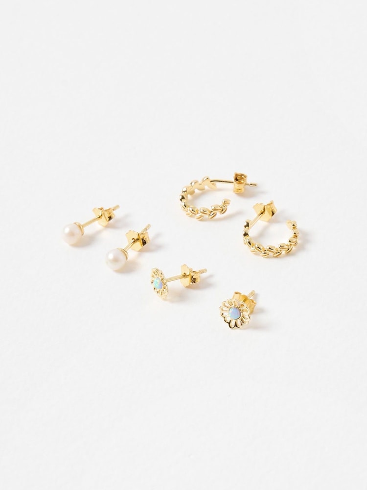 Oliver Bonas Gold Dervla Opalite Flower, Pearl & Hoops Gold Plated Earrings Set - Image 1 of 6