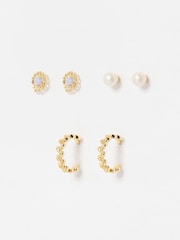Oliver Bonas Gold Dervla Opalite Flower, Pearl & Hoops Gold Plated Earrings Set - Image 2 of 6