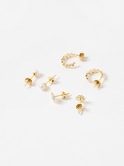 Oliver Bonas Gold Dervla Opalite Flower, Pearl & Hoops Gold Plated Earrings Set - Image 3 of 6